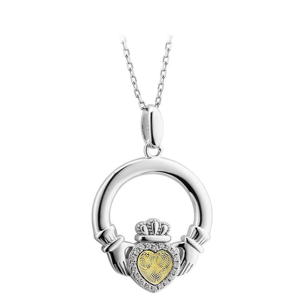 Sterling Silver Moving Gold Heart Claddagh Pendant - S46639 - Uctuk