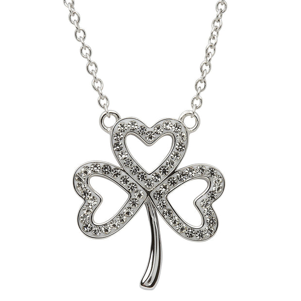 Sterling Silver Shamrock Necklace Embellished with White Swarovski Crystals SW50 - Uctuk
