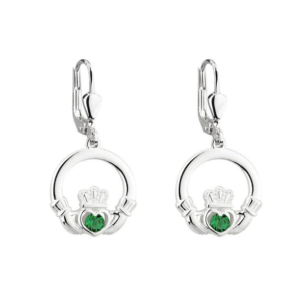 Sterling Silver Claddagh Earrings Drop with Green Stones - S33956 - Claddagh Ring