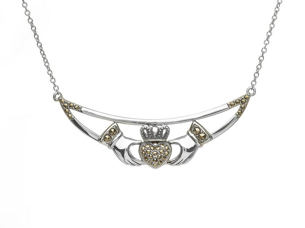 Sterling Silver Marcasite Claddagh Necklace - ANU1133 - Uctuk