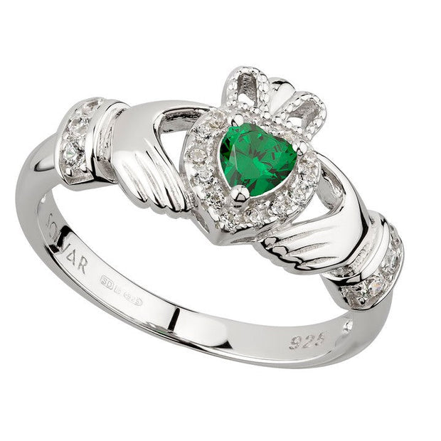 Claddagh Ring S-S21079 Ladies Sterling Silver with Green and White CZs - Claddagh Ring
