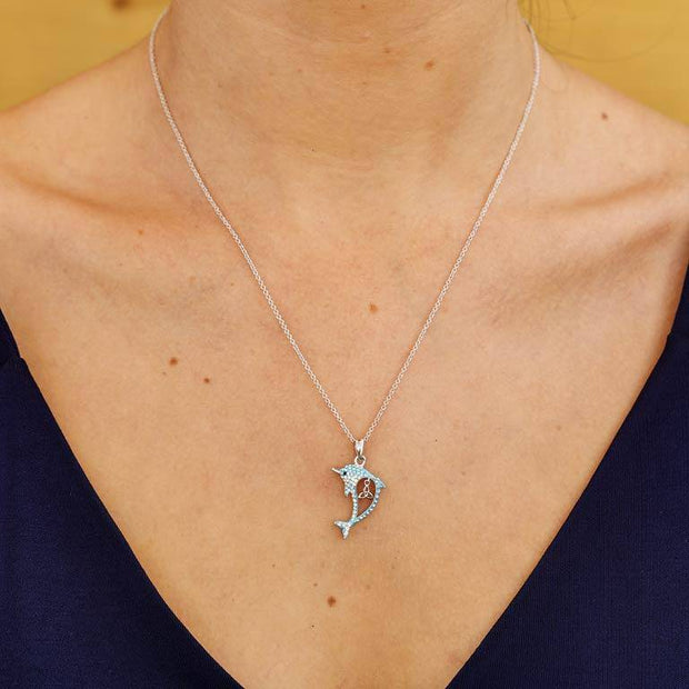 Sterling Silver Dolphin Pendant with Aqua Swarovski Crystals and Trinity with Chain - OC50 - Uctuk