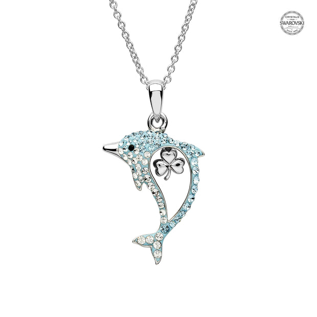 Sterling Silver Dolphin Pendant with Aqua Swarovski Crystals and Shamrock with Chain - OC52 - Uctuk