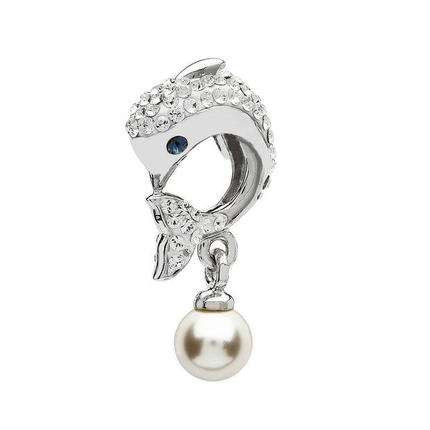 Sterling Silver Dolphin Bead with White  Swarovski Crystals and Dangle Pearl - OC58 - Uctuk