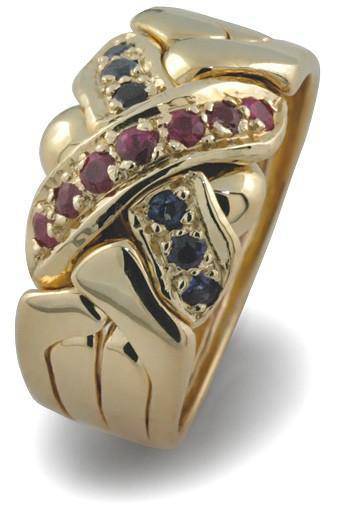 14K Gold 4 Band Ruby Sapphire Puzzle Ring 4BX7R6S - Uctuk