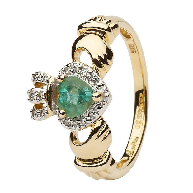 Ladies 14K Yellow Gold Claddagh Ring with Emerald and Diamonds - SL-14L82E - Uctuk