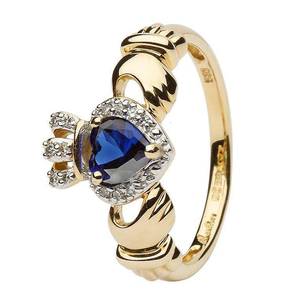 Ladies 14K Yellow Gold Claddagh Ring with Sapphire and Diamonds - SL-14L82S - Uctuk