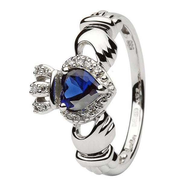 Ladies 14K White Gold Claddagh Ring with Sapphire and Diamonds - SL-14L82SW - Uctuk
