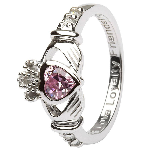 OCTOBER Birthstone Silver Claddagh Ring LS-SL90-10 Inscribed with "Love Loyalty Friendship" - Uctuk