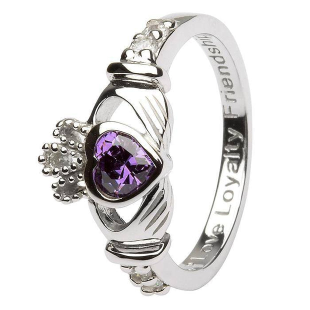 FEBRUARY Birthstone Silver Claddagh Ring LS-SL90-2 Inscribed with "Love Loyalty Friendship" - Uctuk