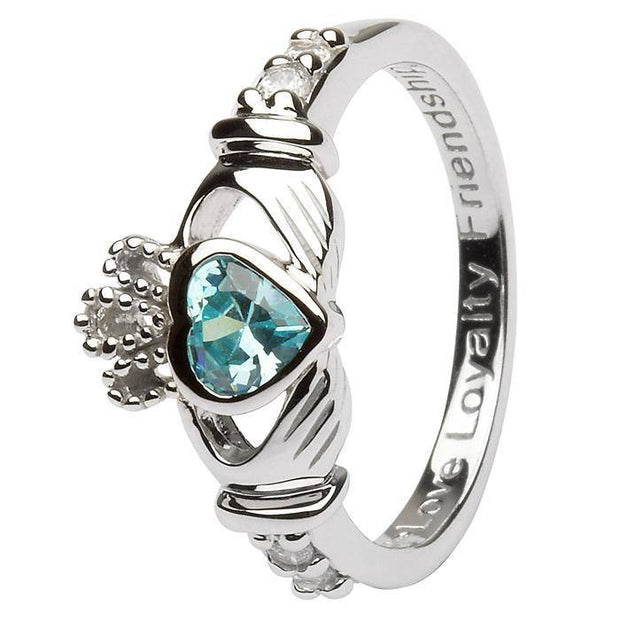 MARCH Birthstone Silver Claddagh Ring LS-SL90-3 Inscribed with "Love Loyalty Friendship" - Uctuk