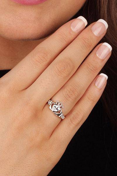 APRIL Birthstone Silver Claddagh Ring LS-SL90-4 Inscribed "Love Loyalty Friendship" - Uctuk