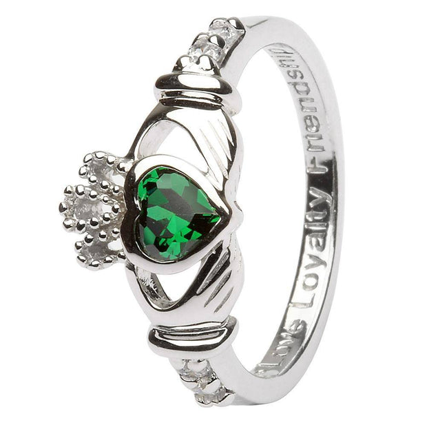 MAY Birthstone Silver Claddagh Ring LS-SL90-5 Inscribed with "Love Loyalty Friendship" - Uctuk