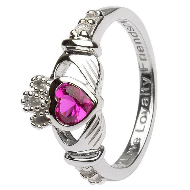 JULY Birthstone Silver Claddagh Ring LS-SL90-7 Inscribed with "Love Loyalty Friendship" - Uctuk