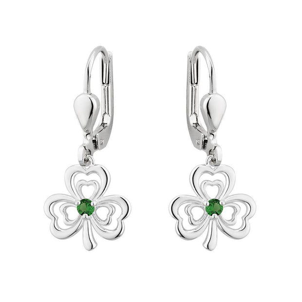 Sterling Silver Shamrock Earrings with Green CZ Stones - S33913 - Uctuk