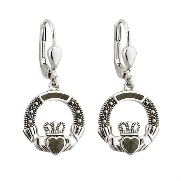 Sterling Silver Claddagh Earrings with Connemara Marble and Marcasite S33558 - Uctuk