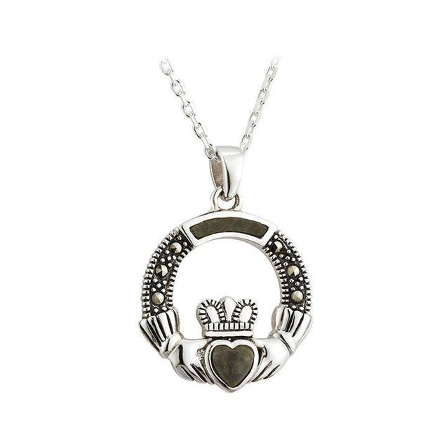 Sterling Silver Claddagh Pendant with Connemara Marble and Marcasite S45475 - Uctuk