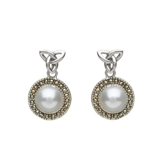 Sterling Silver Marcasite Trinity Fresh Water Pearl Earrings - ANU2081 - Uctuk