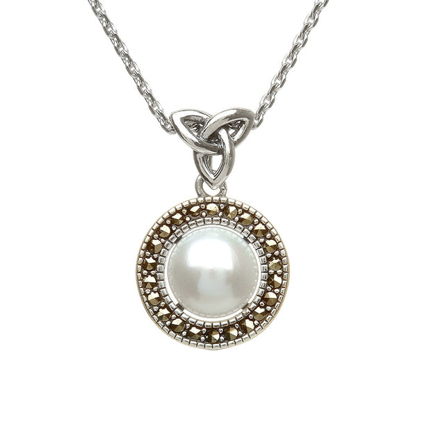Sterling Silver Marcasite Trinity Fresh Water Pearl Pendant and Chain - ANU1140 - Uctuk