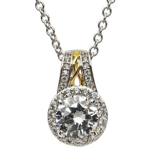 Sterling Silver and Gold Plated White CZ Halo Pendant with Chain SP2097CZ - Uctuk
