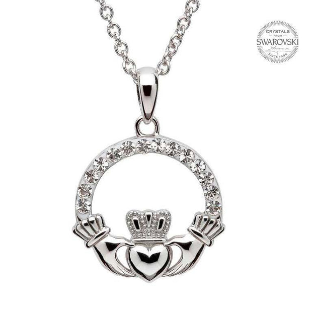 Sterling Silver Claddagh Pendant Embellished with White Swarovski Crystals SW1 - Uctuk