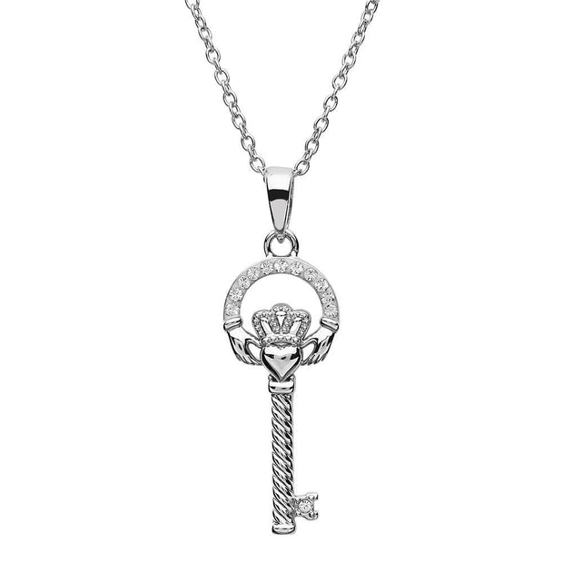 Sterling Silver Claddagh Key Pendant with Chain Embellished with White Swarovski Crystals SW103 - Uctuk