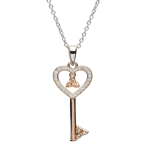 Sterling Silver Rose Gold Plated Celtic Trinity Knot Key Pendant Encrusted with Swarovski Crystal with Chain SW108 - Uctuk