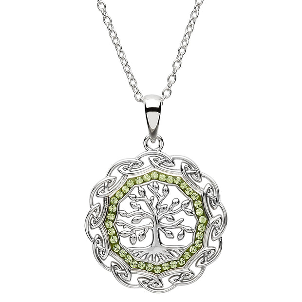 Sterling Silver Tree Of Life Pendant and Chain Embellished With Peridot Swarovski Crystals SW110 - Uctuk