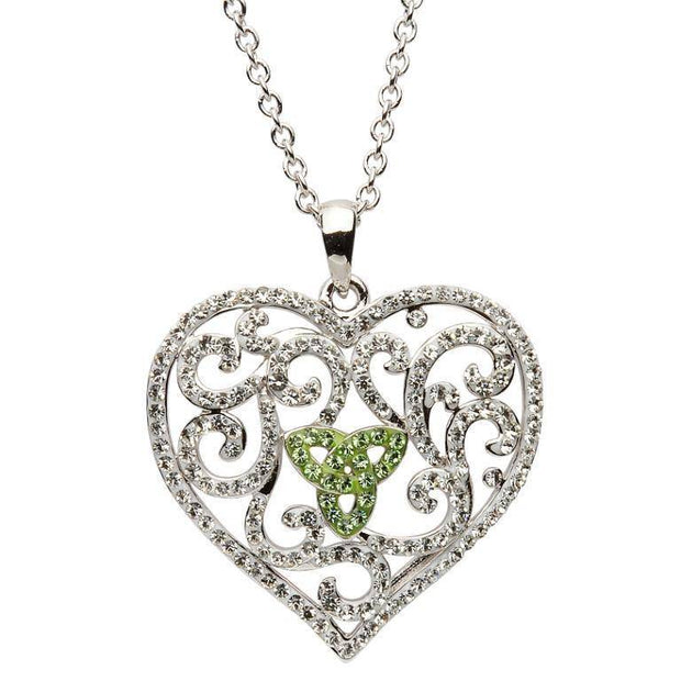 Sterling Silver Heart Trinity Pendant Encrusted With Green and White Swarovski Crystals SW55 - Uctuk