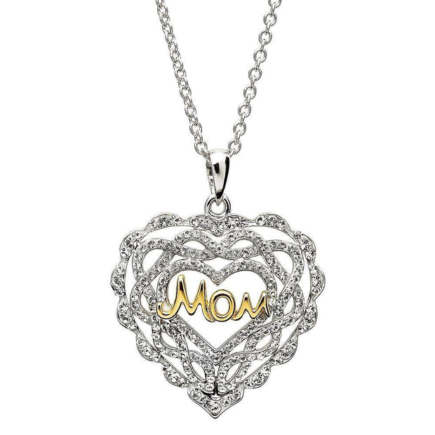Sterling Silver Heart "Mom" Pendant Encrusted With White Swarovski Crystals SW56 - Uctuk