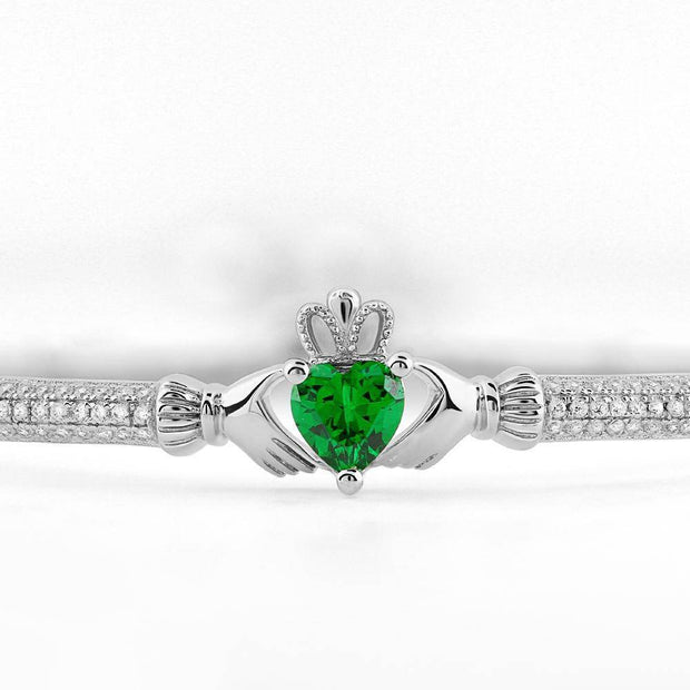 Sterling Silver Claddagh Bracelet with White and Green CZs SB-S5890 - Uctuk