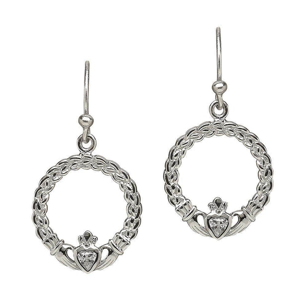 Sterling Silver Small Claddagh Drop Earrings with CZ Heart - ANU2048 - Uctuk