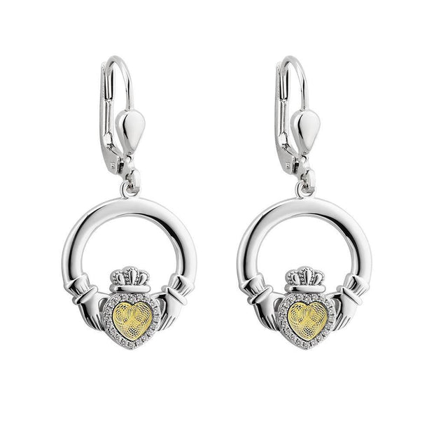 Sterling Silver Moving Gold Heart Claddagh Drop Earrings - S34032 - Uctuk