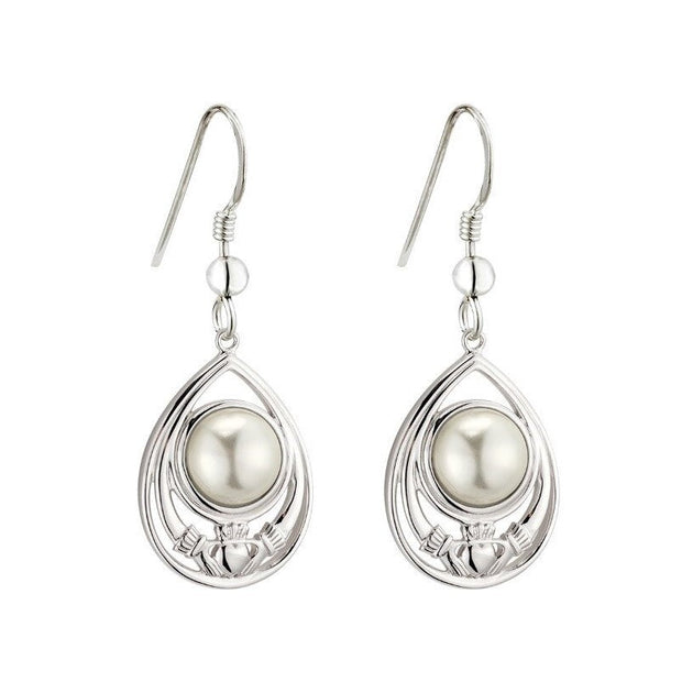 Sterling Silver Pearl Claddagh Drop Earrings - S34138 - Claddagh Ring