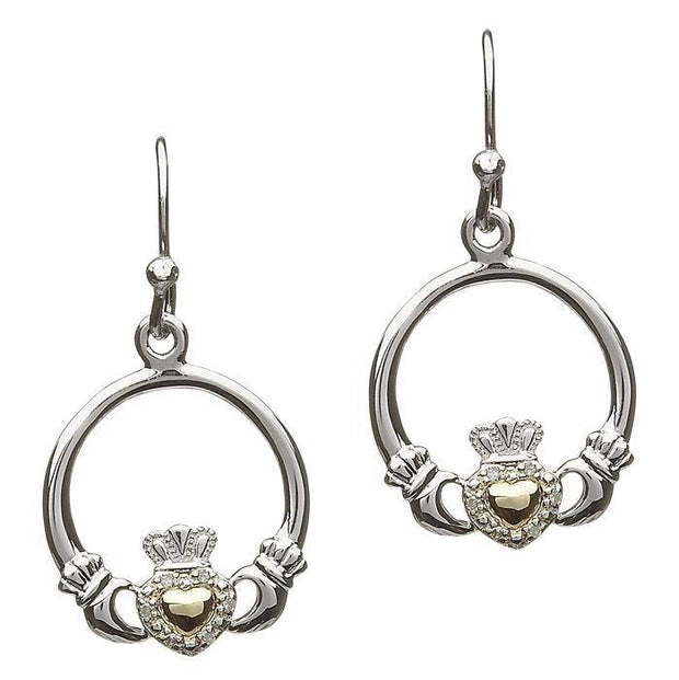 Sterling Silver and 10K Gold Claddagh Diamond Earrings SE-2059D - Uctuk