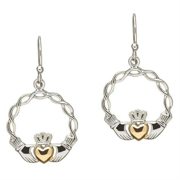 Sterling Silver and Gold Plated Celtic Wave Claddagh Earrings SE2046 - Uctuk