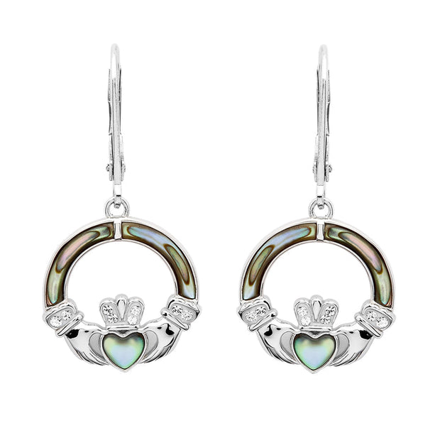 Sterling Silver Claddagh Drop Earrings with Abalone and Swarovski Crystals SW202 - Uctuk