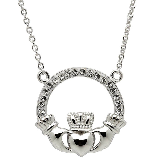 Sterling Silver Claddagh Necklace Embellished with White Swarovski Crystals SW46 - Uctuk