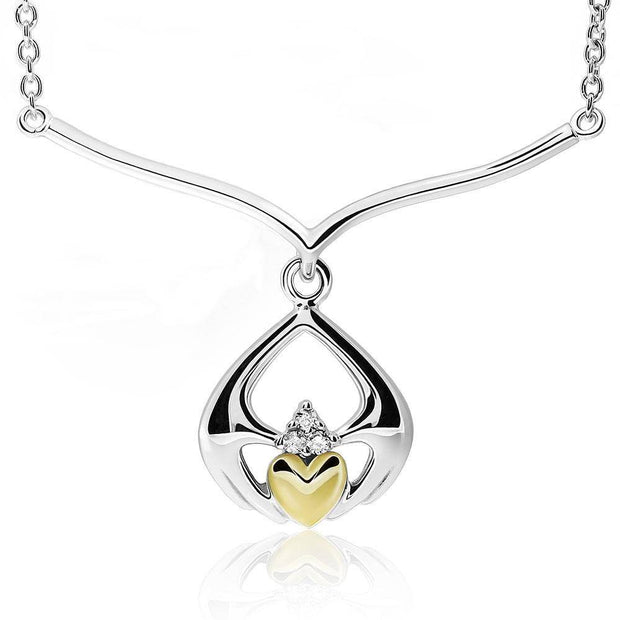 Sterling Silver and 14K Gold Mix - Diamond Claddagh Necklace UPS-6170 - Uctuk