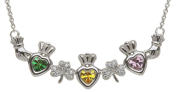 Mother & Family Claddagh & Shamrock Birthstone Pendant Necklace LS-MP3-S - Uctuk