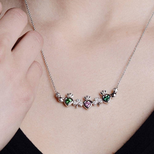 Mother & Family Claddagh & Shamrock Birthstone Pendant Necklace LS-MP3-S - Uctuk