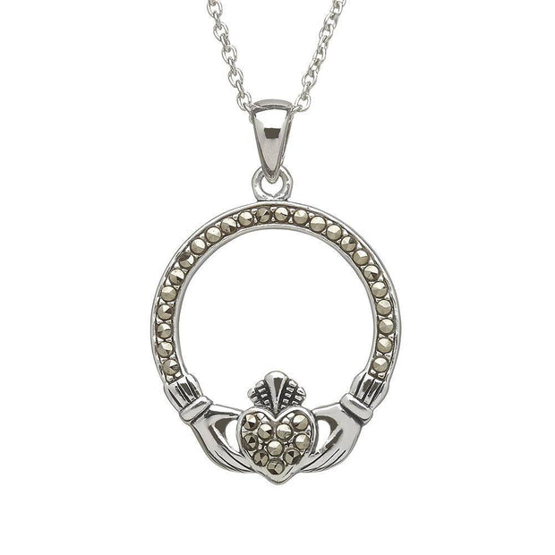 Sterling Silver Marcasite Claddagh Pendant with Chain - ANU1106 - Uctuk