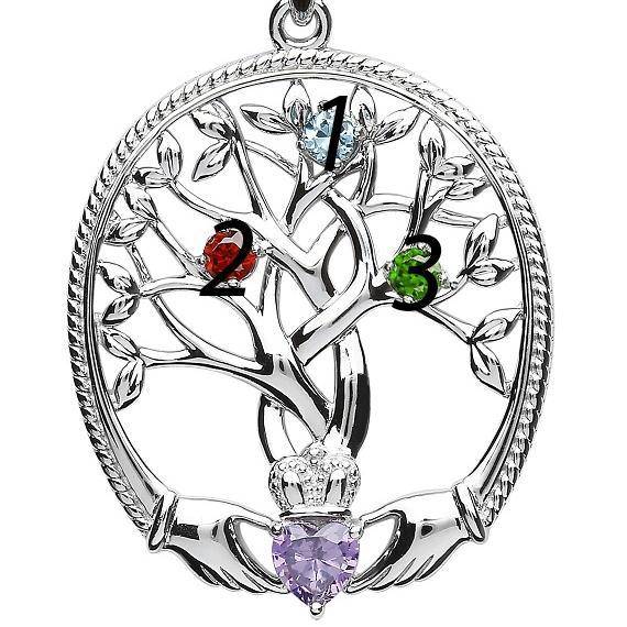 Irish Family Claddagh Tree of Life Birthstone Pendant Mother and 3 Children - SP2247-3 - Uctuk