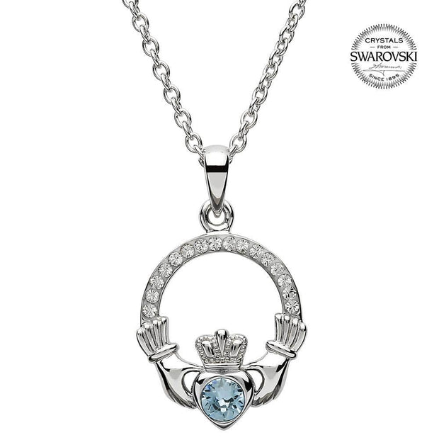 Sterling Silver Claddagh Birthstone March Pendant with Swarovski Crystals - SW101AQ - Uctuk