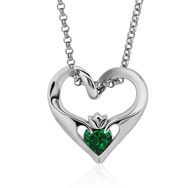 Sterling Silver Green CZ UPS-16435GR w/Chain Ladies Modern Floating Claddagh Pendant - Uctuk