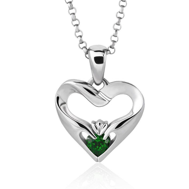 Sterling Silver Green CZ UPS-16436GR w/Chain Ladies Modern Claddagh Pendant - Uctuk