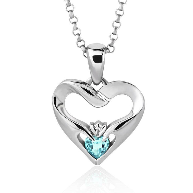 Sterling Silver Sky Blue CZ UPS-16436SB w/Chain Ladies Modern Claddagh Pendant - Uctuk