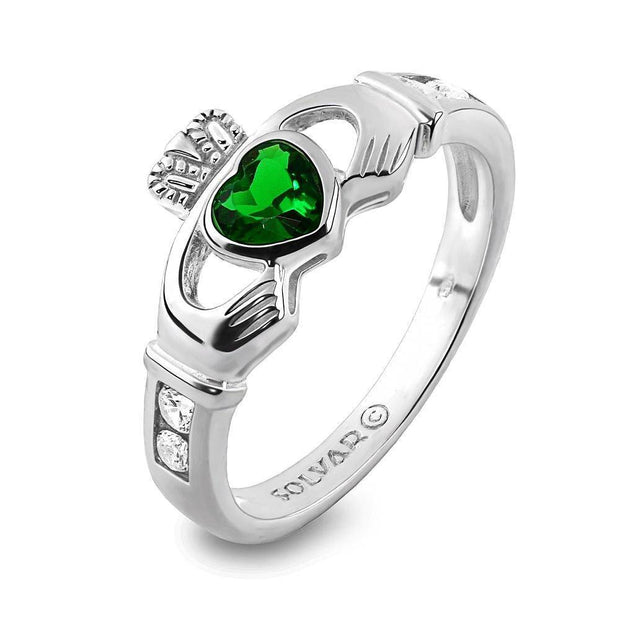 Claddagh Ring S-S2594 Ladies Sterling Silver with Green and White CZs - Uctuk