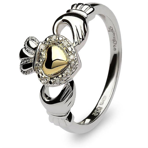 Retired Ladies Silver and 10K Gold with Diamonds Claddagh Ring SL-SL98 - Uctuk