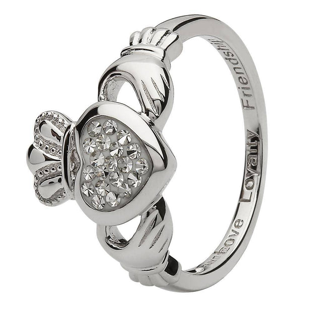 Ladies Silver White Swarovski Crystal Claddagh Ring SL-SW85 - Uctuk